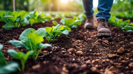 Walking Through Rows of Seedlings. Close-up of a farmer's boots walking through rows of seedlings, highlighting the early stages of plant growth and fieldwork.