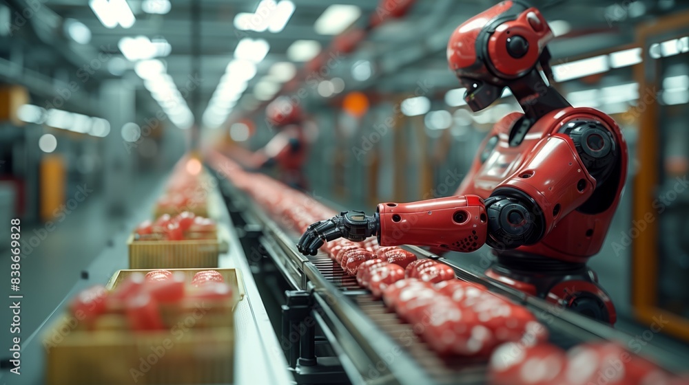 Poster automated robots sorting apples on production line. robotic arms sorting apples on an automated prod