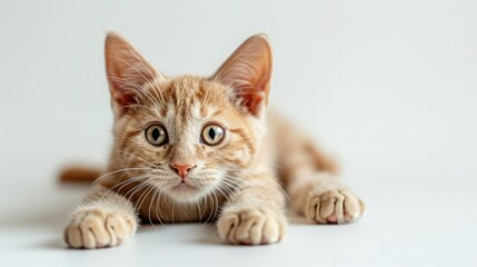 Obraz premium Close-up of an adorable orange tabby kitten with wide eyes lying on a white background, showcasing its curious and playful nature.