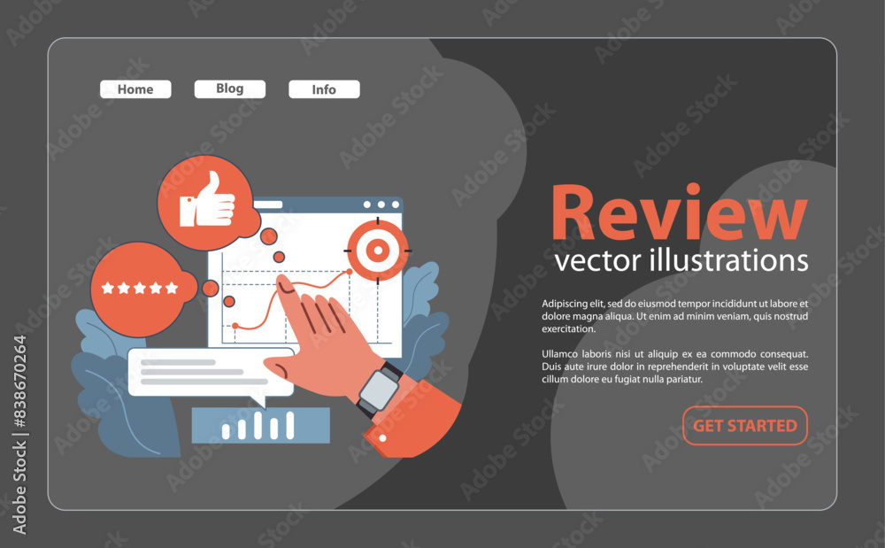Poster delving into review with a keen eye on performance metrics. flat vector illustration
