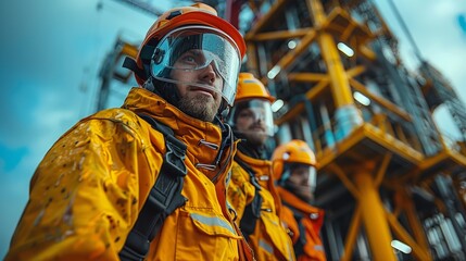 Group of oil rig workers. Group of oil rig workers wearing protective clothing and helmets, standing together with an oil rig in the background.