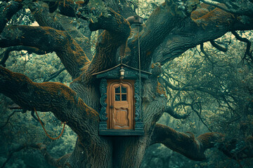 A whimsical treehouse door nestled in the branches of a towering oak tree, swinging open against a...