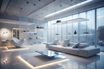 Tranquil room with gravity-defying furniture and airy design, generative ai