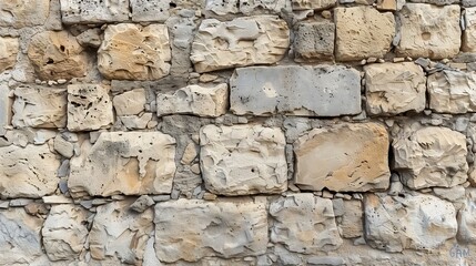 Fototapeta premium Ancient stone wall of an 18th century castle or fortress with weathered and cracked bricks in close up view