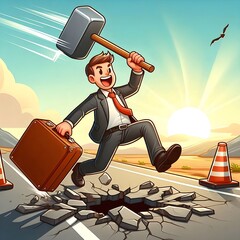 Hit the road, English idiom. A person with a suitcase hitting a road with a hammer.