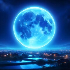 Once in a blue moon, English idiom. A bright blue moon in the night sky.