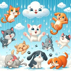 Raining cats and dogs, English idiom. Cats and dogs falling from the sky like raindrops.