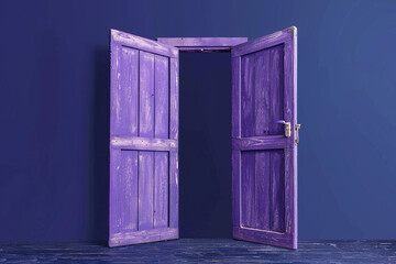 An open lavender painted wooden door against a solid navy blue background, unveiling a serene and...