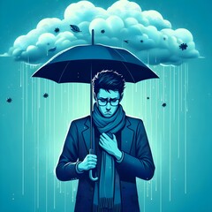 Under the weather, English idiom. A person standing under a rain cloud, holding an umbrella, looking sick.