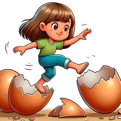 Walking on eggshells, English idiom. A person carefully tiptoeing on a path made of eggshells.