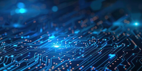 Obraz premium Microchip computer semiconductor circuit board illustration background with fast connection blue light AI technology. 
