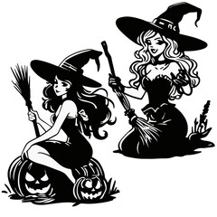 Vector illustration of two cute witches, halloween decoration