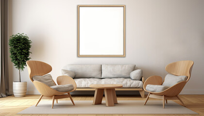 Contemporary living room with a wooden chair, table and framed picture in minimalist style.