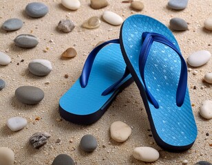Naklejka premium Pair of blue flip-flops on textured sandy beach with scattered pebbles