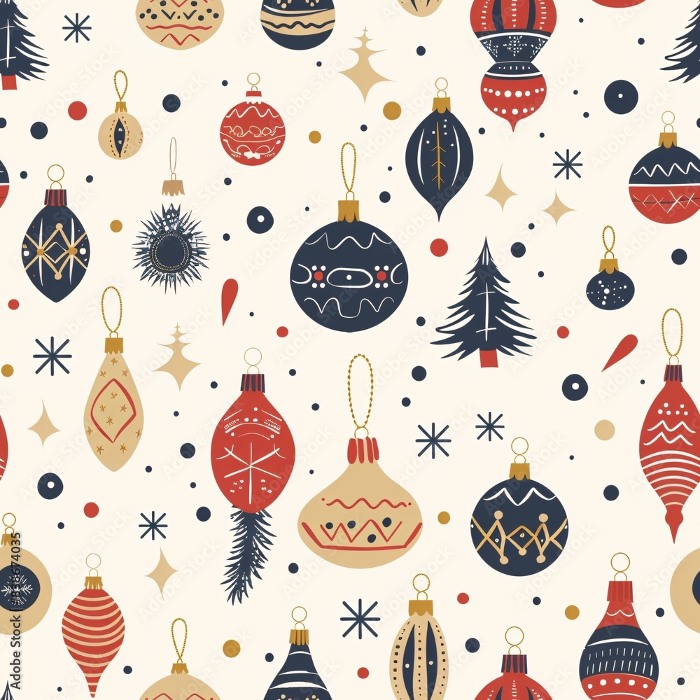 Poster a seamless pattern displaying christmas ornaments and wrapping paper with festive typography, perfec