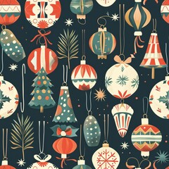A seamless pattern displaying Christmas ornaments and wrapping paper with whimsical holiday designs, arranged in a playful layout