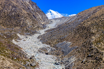 Himalaya mountains landscape with high altitude snow and ice glacier summit peaks. Everest Base Camp Solo Khumbu trekking region in Nepal. Beautiful Himalayas eight thouthander summits under blue sky