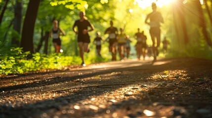 Obraz premium Defocused Group of Runners in Forest Path with Sunlight
