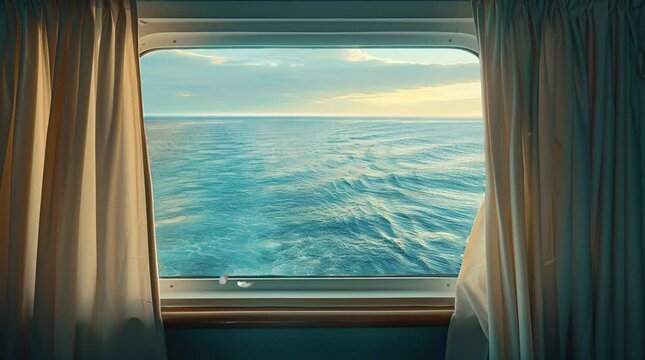 View of tranquil ocean surface through ship window, serene maritime journey
 Seamless looping 4k time-lapse virtual video animation background. Generated AI