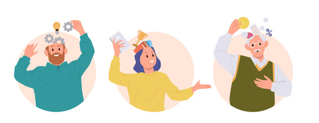 Diverse people cartoon characters filling open head with information and knowledge round composition