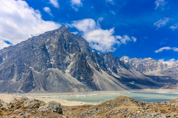 Himalaya mountains landscape with high altitude snow and ice glacier summit peaks. Everest Base Camp Solo Khumbu trekking region in Nepal. Beautiful Himalayas eight thouthander summits under blue sky