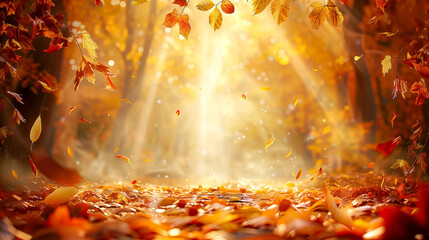 Colorful autumn road covered in yellow orange golden leaves sun rays breaking through the forest canopy, peaceful tranquil vibrant scene
