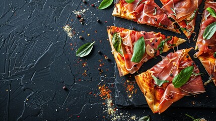 Slices of pizza with prosciutto and spices on black background, copy space, top view AI generated