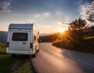 Obraz premium Recreational vehicle on scenic road at sunset