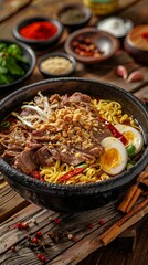 A bowl of Thai yellow noodles with delicious beef and meat