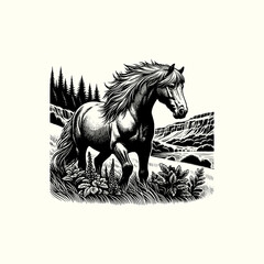horse in wilderness with nature surround vector illustration