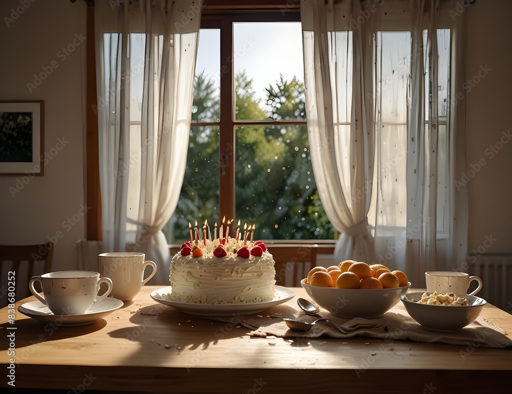 Wall mural A large decorated white cake sits among cups and bowls on a wooden table near a curtained window, creating a warm celebratory atmosphere.