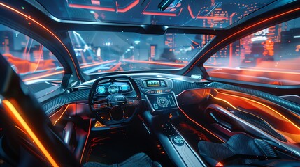 A futuristic car interior with augmented reality navigation and entertainment