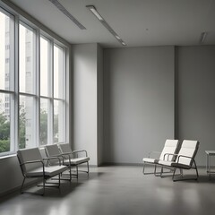 A mockup of an empty white poster on the wall in modern hospital waiting room with comfortable chairs and medical equipment. empty white blank poster on white wall in hospital, white ,whiteboard
