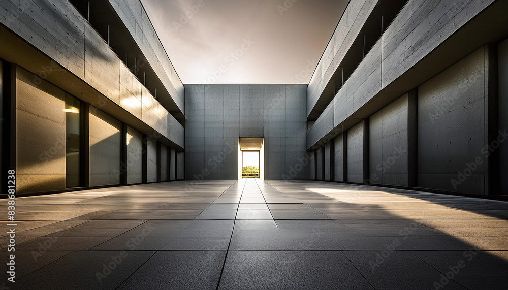 Poster modern concrete building with symmetrical lines and open courtyard