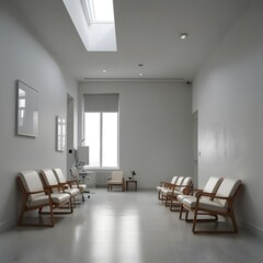 hall of collage  chair A mockup of an empty white poster on the wall in modern hall of collage  room with comfortable chairs and medical equipment. empty white blank poster o