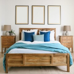 Rustic wooden bed with blue pillows and two bedside cabinets against white wall with three posters frames.
