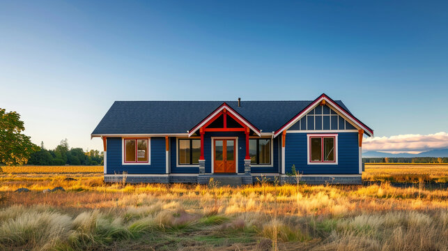 Front view of a newly constructed craftsman style steel blue house with red accents, surrounded by open fields.