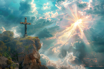 A cross on a windswept cliff, with powerful sunrays piercing through a stormy sky, representing...