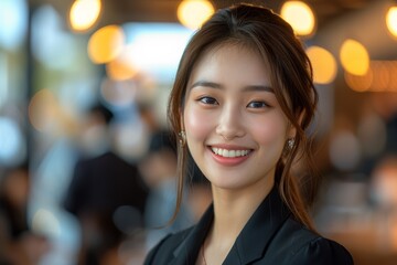Obraz premium Young happy businesswoman sitting in modern office. Beautiful manager smiling, working on workplace. Generative AI.