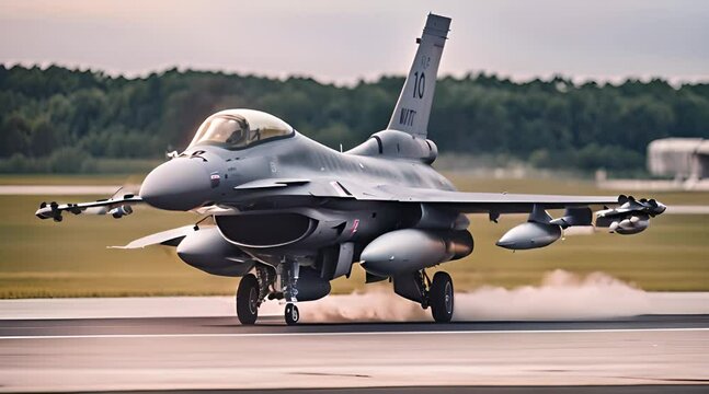 Avion de combat militaire F-16 sur la piste au d&eacute;collage