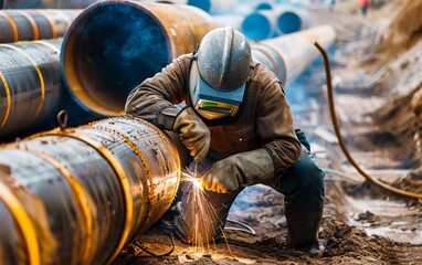 The welder is welding on large pipes that are spirally welded. Spiralweld manufacturing process
