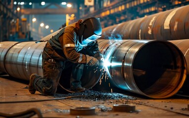 The welder is welding on large pipes that are spirally welded. Spiralweld manufacturing process