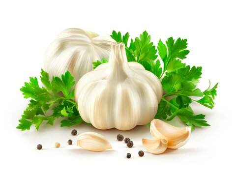 Garlic with garlic cloves and green leafy herbs on a white background