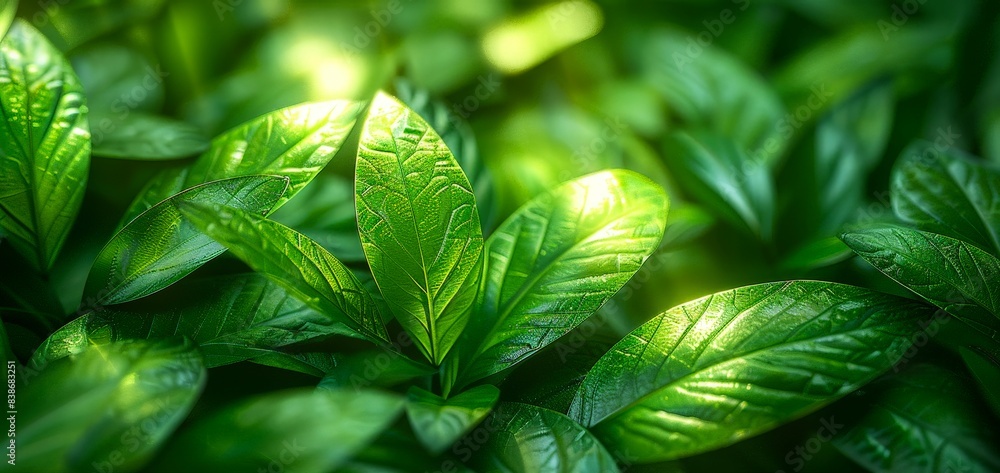 Poster close up of lush green leaves with sunlight filtering through, creating intricate patterns and textu