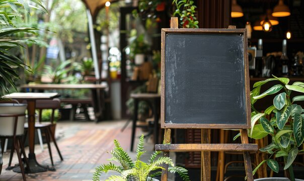 Blank black chalkboard menu sign in front of coffee shop