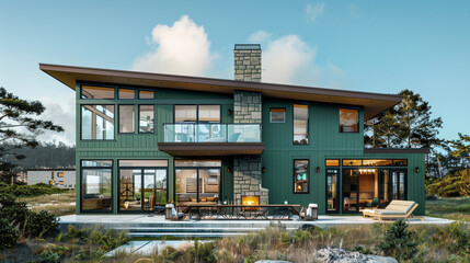 Fototapeta premium Modern Craftsman Style New Construction Jade Green House with Sleek Design and Large Glass Panels in a Scenic Coastal Landscape