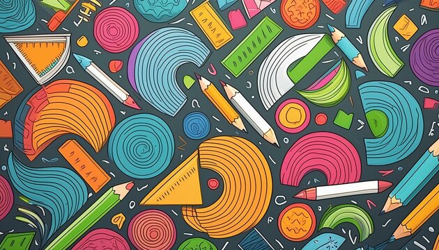 Seamless pattern of fun, colorful line doodles with basic shapes for children or trendy designs.