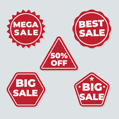 Realistic red price tags collection. Special offer or shopping discount label. Retail paper sticker. Promotional sale badge with text. Vector illustration.