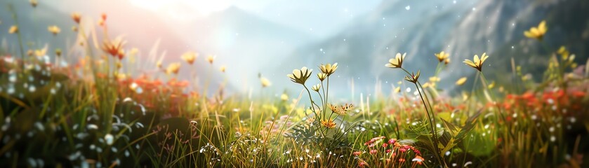 Mountain background with a peaceful meadow, close up, spring theme, ethereal, overlay, blooming flowers backdrop
