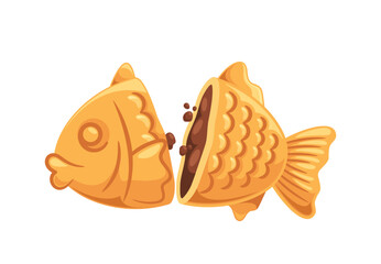 Traditional Japanese Taiyaki Isolated Fish-shaped Sweet Filled With Delicious Red Bean Paste Cartoon Vector Illustration